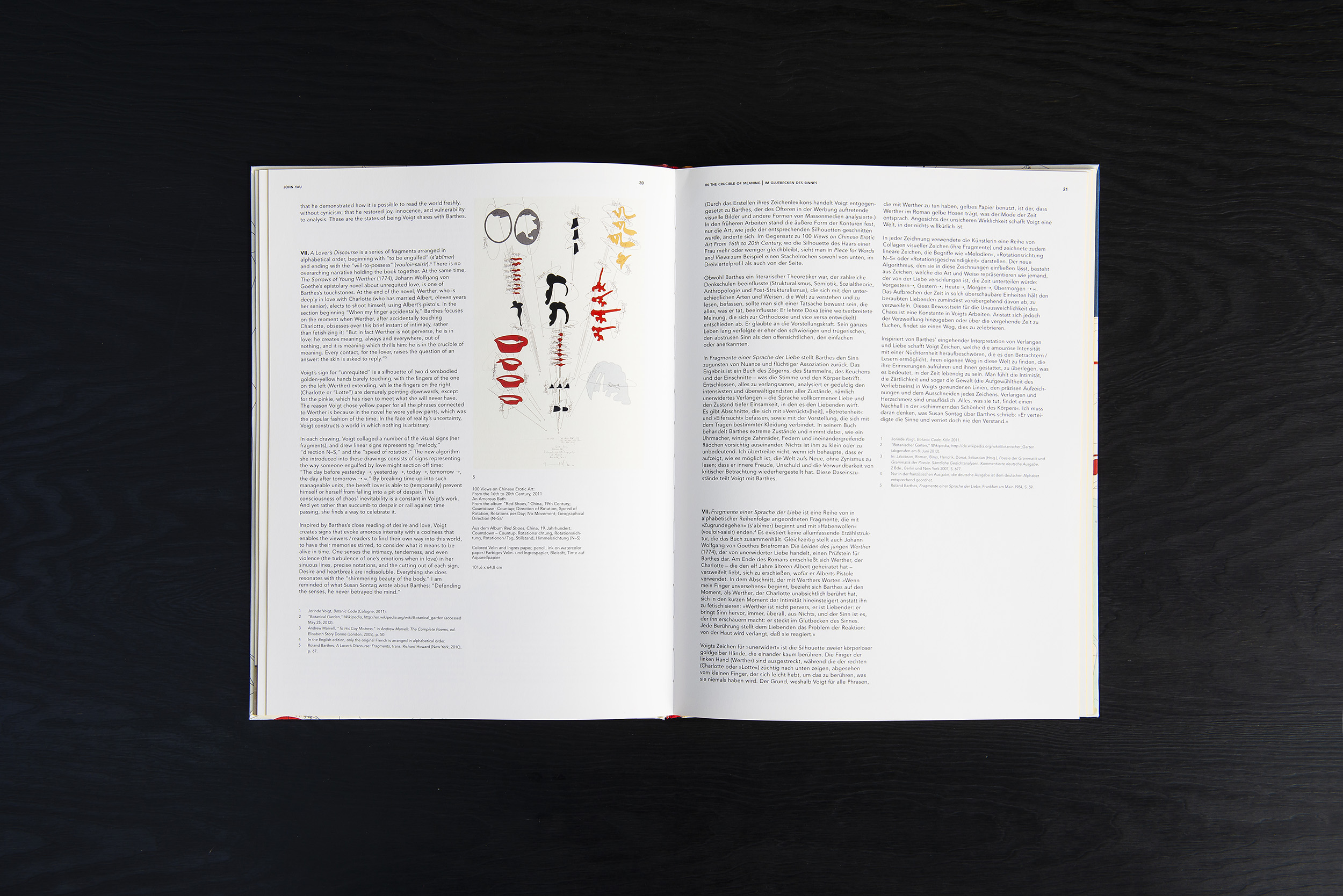 2012 Jorinde Voigt – Piece for Words and Views, Catalog on the occasion of the same entitled exhibition at David Nolan Gallery, New York, Editor: David Nolan, Text: John Yau, Jorinde Voigt, Language: English, German, total pages: 80, Publishing: Hatje Cantz, ISBN 978-3-7757-3473-8, Price: €39,80. inside 3