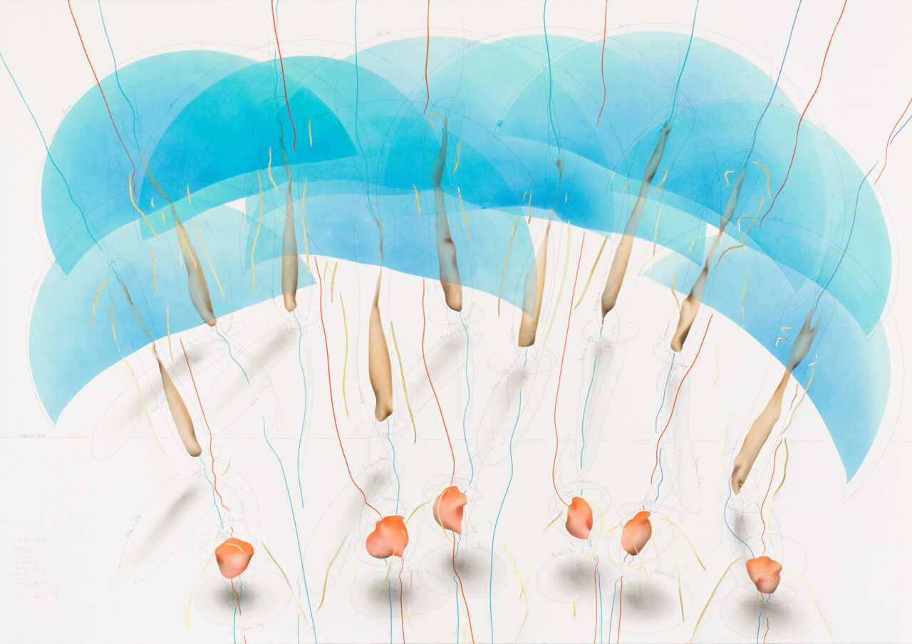 The Blue Shift (III) Yesterday → ∞ Today → ∞ Tomorrow → ∞ Yesterday → Today Rotation 1-15/ Day Now→ ∞ Now (1)-(15) Surface of the Earth Berlin 2017 140 x 200 cm Tinte, Blattgold, Pastell, Ölkreide, Graphit auf Papier, Unikat, Signiert Ink, gold leaf, pastels, oil chalks, graphite on paper, unique work, signed WV 2017-138