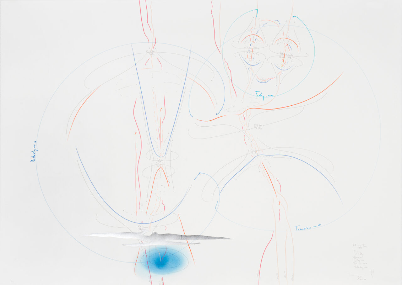 Hills and Turns III Rotation 1-10/ Day Now (1-9) Today → ∞ Tomorrow → ∞ Yesterday → ∞ Berlin, August 2017 100 x 140 cm Tinte, Blattaluminium, Pastell, Ölkreide, Graphit auf Papier, Unikat, Signiert Ink, aluminium leaf, pastels, oil chalks, graphite on paper, unique work, signed WV 2017-141