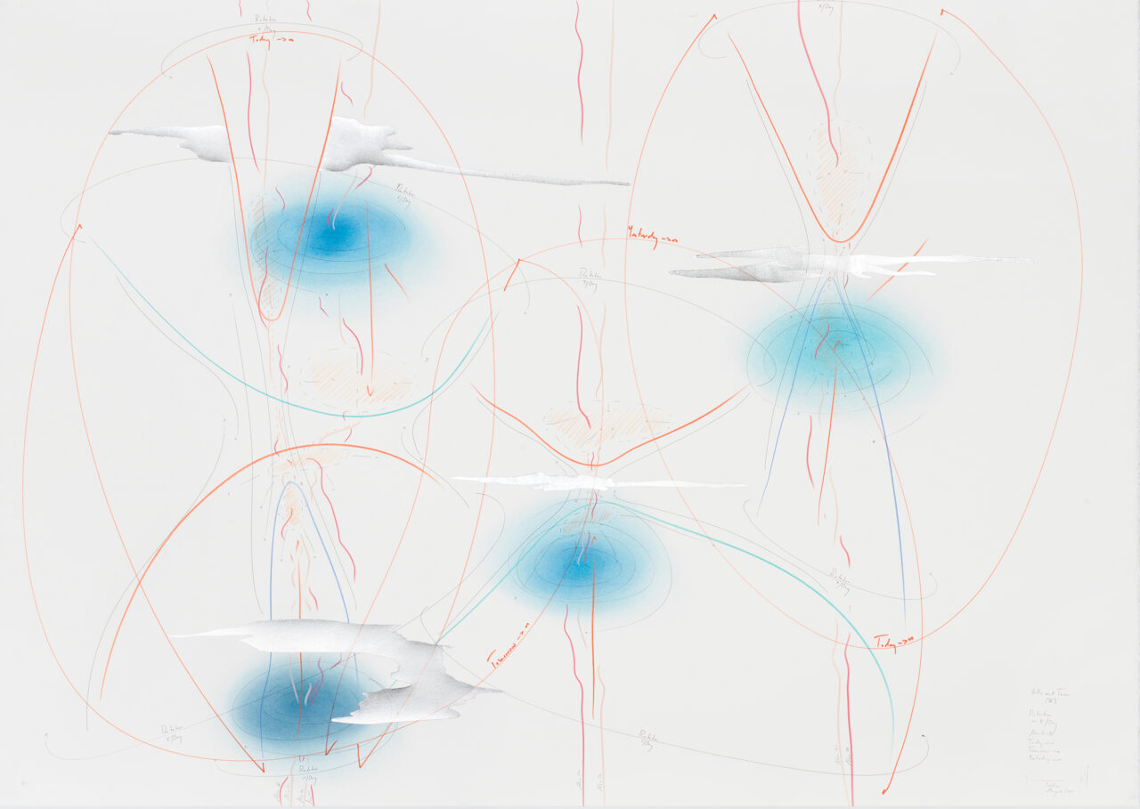 Hills and Turns IV Rotation 1-8/ Day Now (1)-(8) Today → ∞ Tomorrow → ∞ Yesterday → ∞ Berlin, August 2017 100 x 140 cm Tinte, Blattaluminium, Pastell, Ölkreide, Graphit auf Papier, Unikat, Signiert Ink, aluminium leaf, pastels, oil chalks, graphite on paper, unique work, signed WV 2017-142