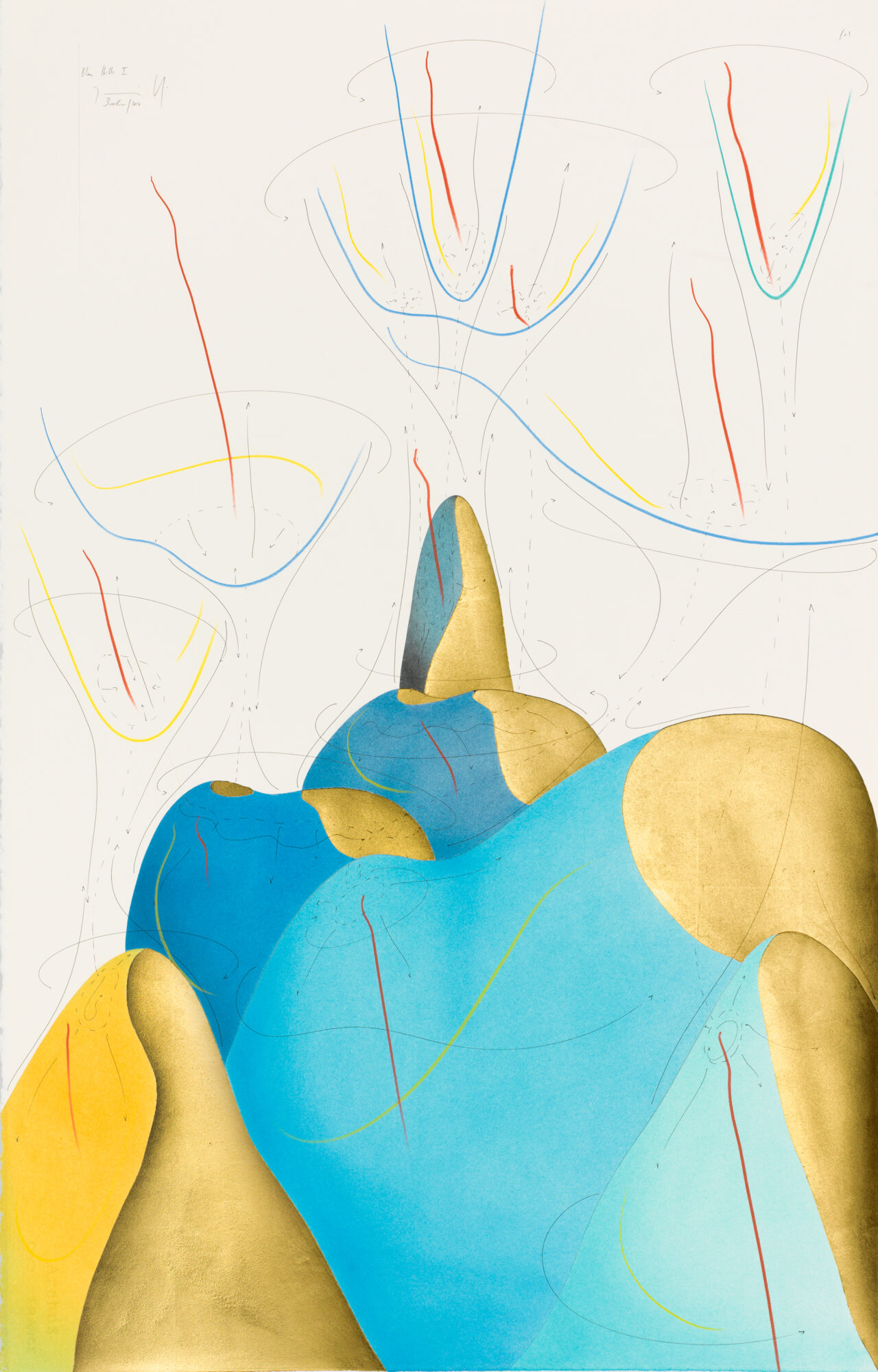 Blue Hills I Berlin 2017 102 x 66 cm Tinte, Blattgold, Pastell, Ölkreide, Graphit auf Papier, Unikat, Signiert Ink, gold leaf, pastels, oil chalks, graphite on paper, unique work, signed WV 2017-143