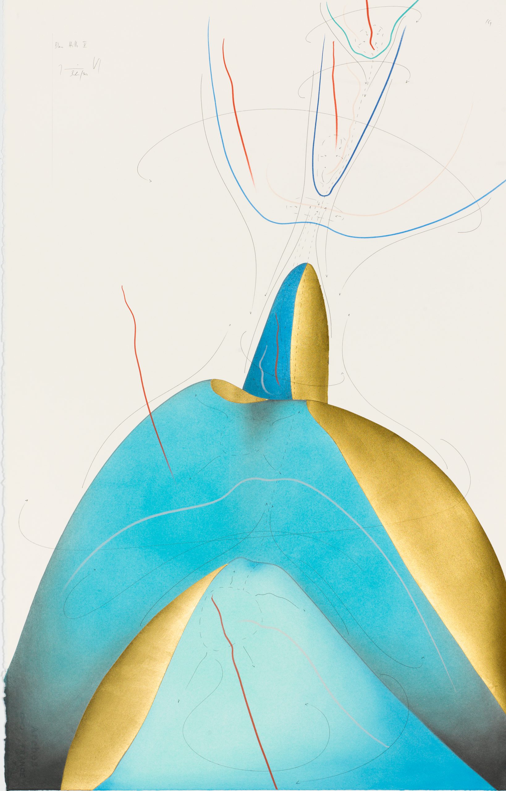 Blue Hills V Berlin 2017 102 x 66 cm Tinte, Blattgold, Pastell, Ölkreide, Graphit auf Papier, Unikat, Signiert Ink, gold leaf, pastels, oil chalks, graphite on paper, unique work, signed WV 2017-147