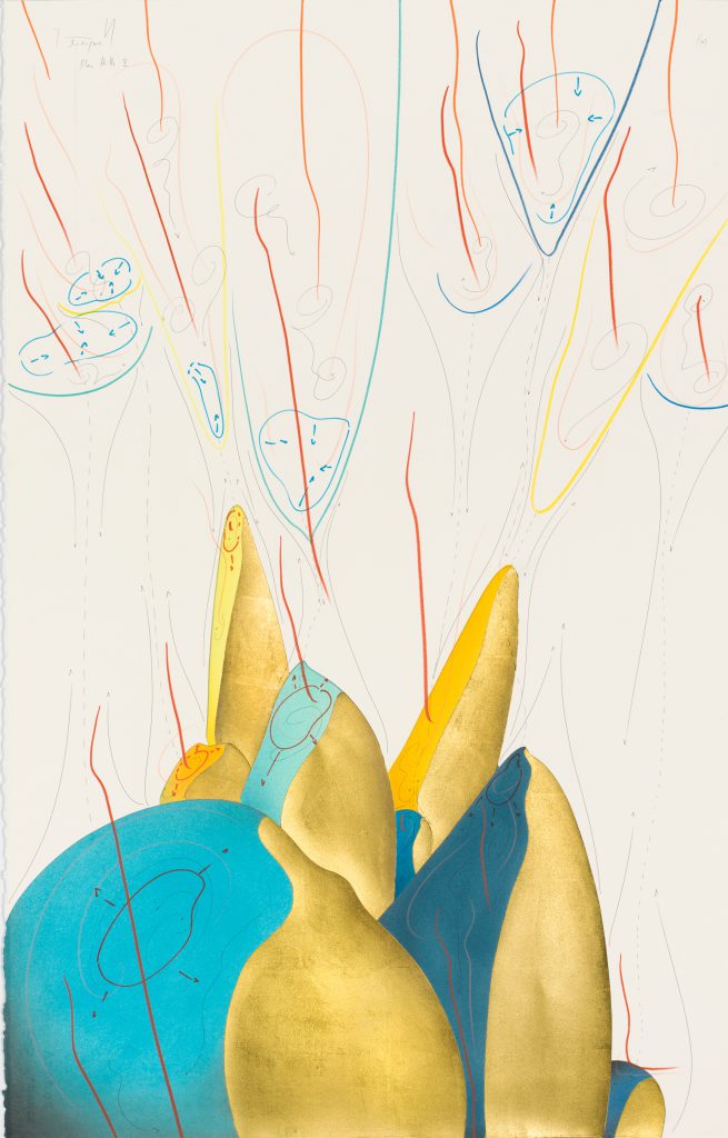 Blue Hills X Berlin 2017 102 x 66 cm Tinte, Blattgold, Pastell, Ölkreide, Graphit auf Papier, Unikat, Signiert Ink, gold leaf, pastels, oil chalks, graphite on paper, unique work, signed WV 2017-152