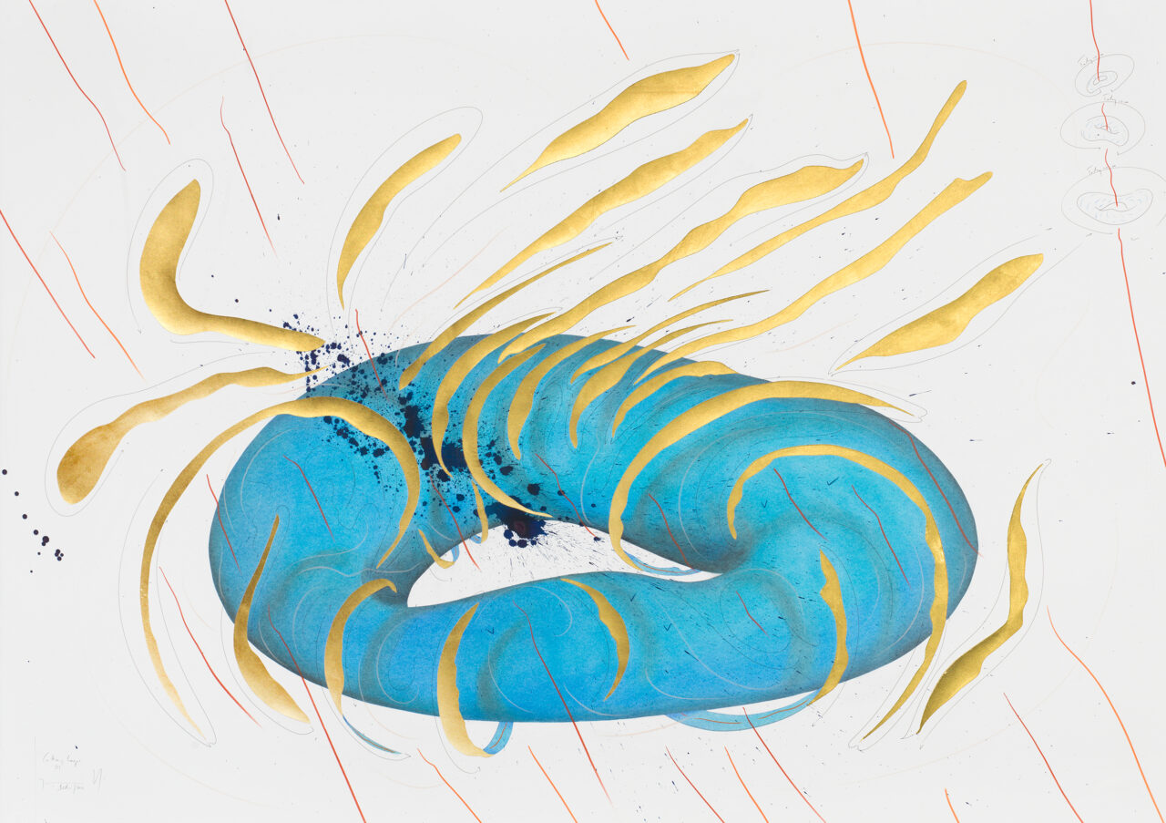 Cutting Loops I Berlin 2017 100 x 140 cm Tinte, Tusche, Blattgold, Pastell, Ölkreide, Graphit auf Papier, Unikat, Signiert Ink, India ink, gold leaf, pastels, oil chalks, graphite on paper, unique work, signed WV 2017-153