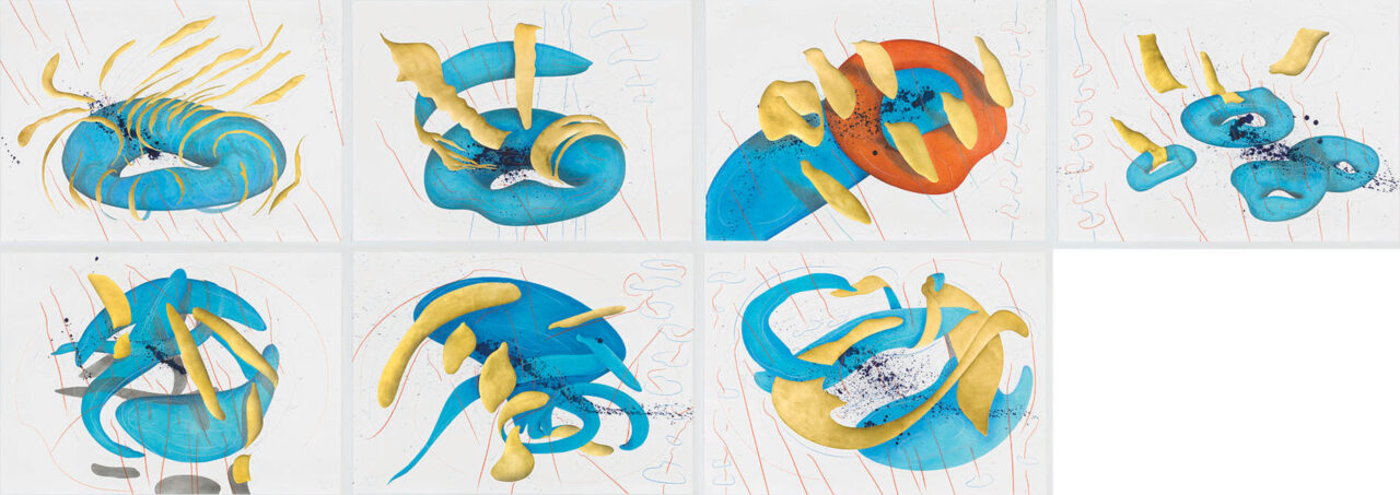 Cutting Loops I-VII Berlin 2017 7-teilig, jeweils 100 x 140 cm 7 parts, each 100 x 140 cm Tinte, Tusche, Blattgold, Pastell, Ölkreide, Graphit auf Papier, Unikat, Signiert Ink, India ink, gold leaf, pastels, oil chalks, graphite on paper, unique work, signed WV 2017-153 - 159
