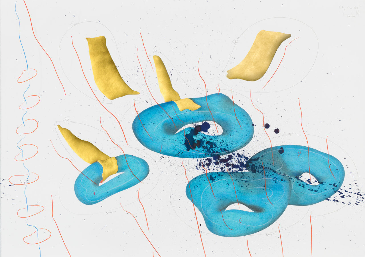 Cutting Loops IV Berlin 2017 100 x 140 cm Tinte, Tusche, Blattgold, Pastell, Ölkreide, Graphit auf Papier, Unikat, Signiert Ink, India ink, gold leaf, pastels, oil chalks, graphite on paper, unique work, signed WV 2017-156