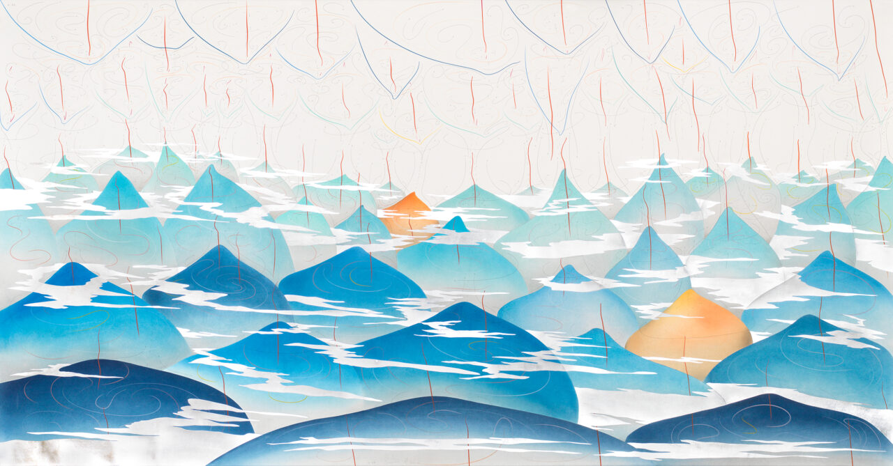 40 Hills Berlin 2017 140 x 269 cm Tinte, Blattgold, Pastell, Ölkreide, Graphit auf Papier, Unikat, Signiert Ink, aluminium leaf, pastels, oil chalks, graphite on paper, unique work, signed WV 2017-162