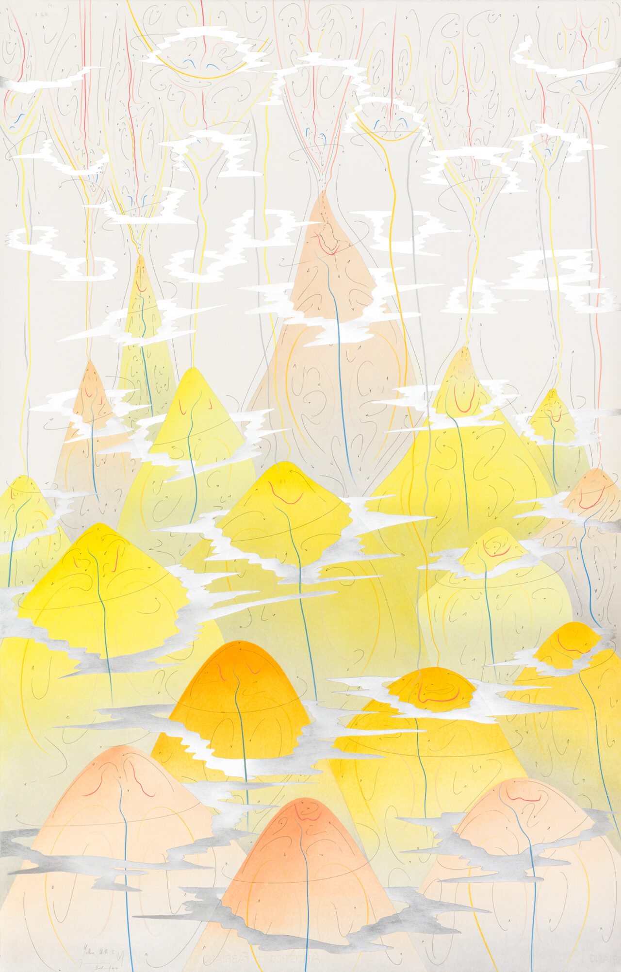 Yellow Hills I Berlin 2017 140 x 90 cm Tinte, Blattgold, Pastell, Ölkreide, Graphit auf Papier, Unikat, Signiert Ink, gold leaf, pastels, oil chalks, graphite on paper, unique work, signed WV 2017-164