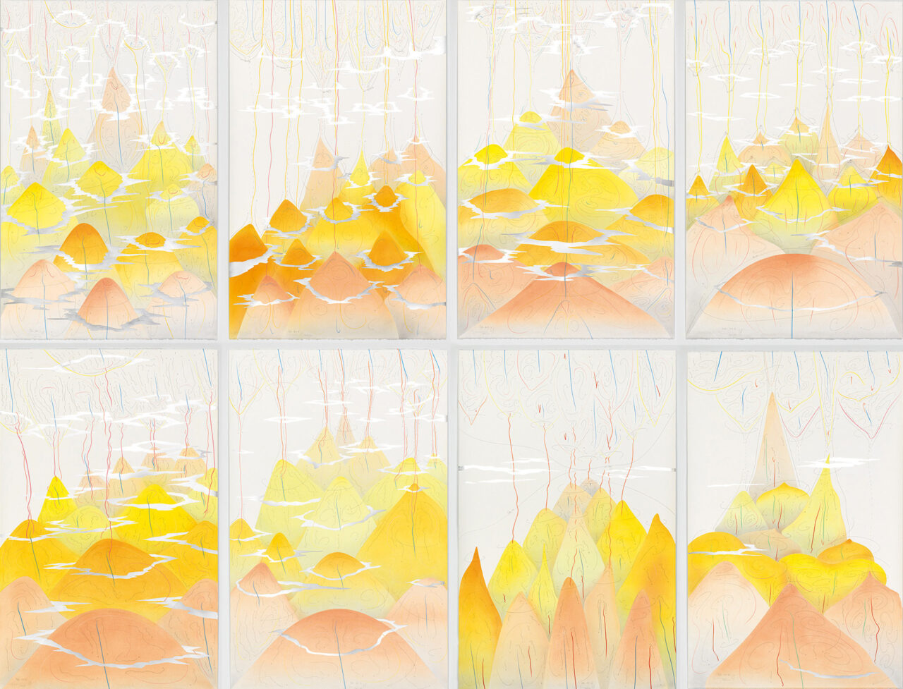 Yellow Hills I-VIII Berlin 2017 8-teilig, jeweils 140 x 90 cm 8 parts, each 140 x 90 cm Tinte, Blattaluminium, Pastell, Ölkreide, Graphit auf Papier, Unikat, Signiert Ink, aluminium leaf, pastels, oil chalks, graphite on paper, unique work, signed WV 2017-164 - 171