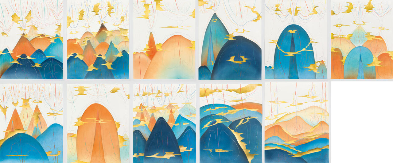 Hills+Clouds I-XI Berlin 2017 11-teilig, jeweils 88 x 69 cm 11 parts, each 88 x 69 cm Tinte, Blattgold, Pastell, Ölkreide, Graphit auf Papier, Unikat, Signiert Ink, gold leaf, pastels, oil chalks, graphite on paper, unique work, signed WV 2017-172 - 182