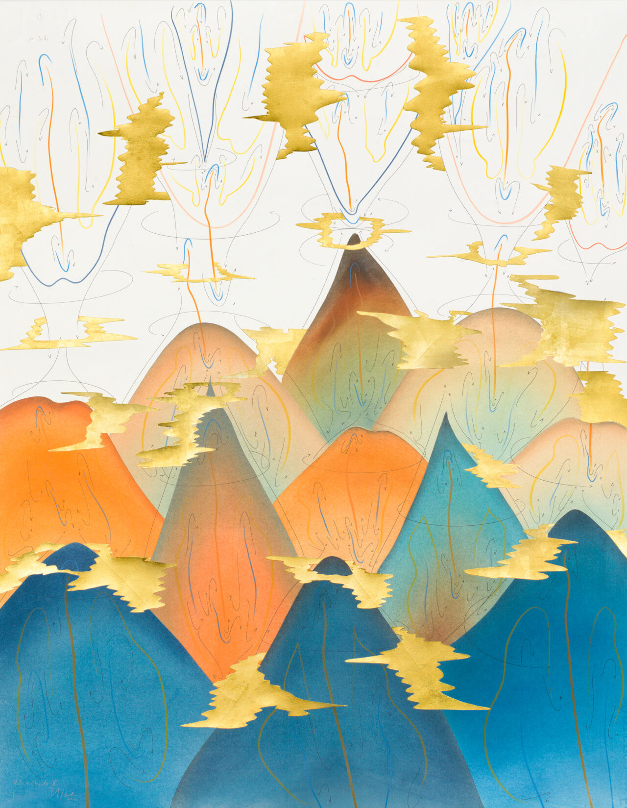 Hills+Clouds II Berlin 2017 88 x 69 cm Tinte, Blattgold, Pastell, Ölkreide, Graphit auf Papier, Unikat, Signiert Ink, gold leaf, pastels, oil chalks, graphite on paper, unique work, signed WV 2017-173