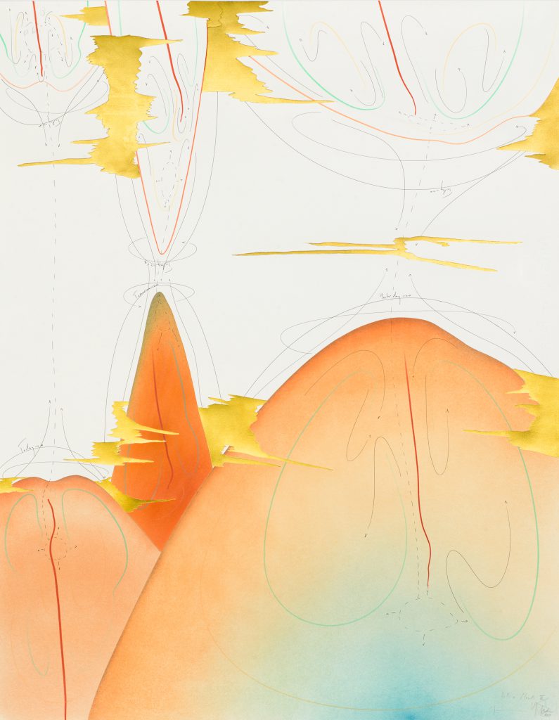 Hills+Clouds III Berlin 2017 88 x 69 cm Tinte, Blattgold, Pastell, Ölkreide, Graphit auf Papier, Unikat, Signiert Ink, gold leaf, pastels, oil chalks, graphite on paper, unique work, signed WV 2017-174