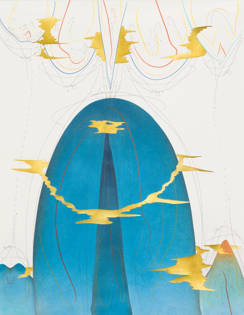 Hills+Clouds V Berlin 2017 88 x 69 cm Tinte, Blattgold, Pastell, Ölkreide, Graphit auf Papier, Unikat, Signiert Ink, gold leaf, pastels, oil chalks, graphite on paper, unique work, signed WV 2017-176