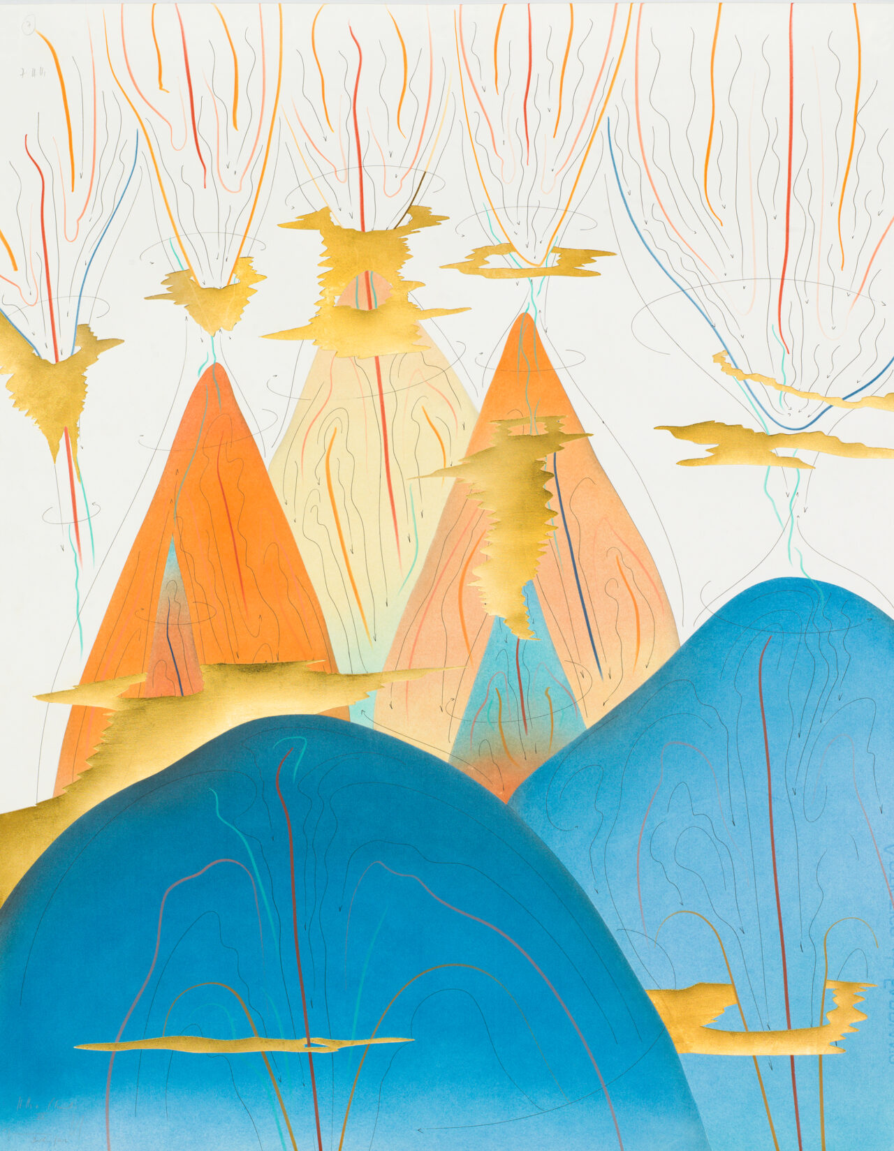 Hills+Clouds VII Berlin 2017 88 x 69 cm Tinte, Blattgold, Pastell, Ölkreide, Graphit auf Papier, Unikat, Signiert Ink, gold leaf, pastels, oil chalks, graphite on paper, unique work, signed WV 2017-178