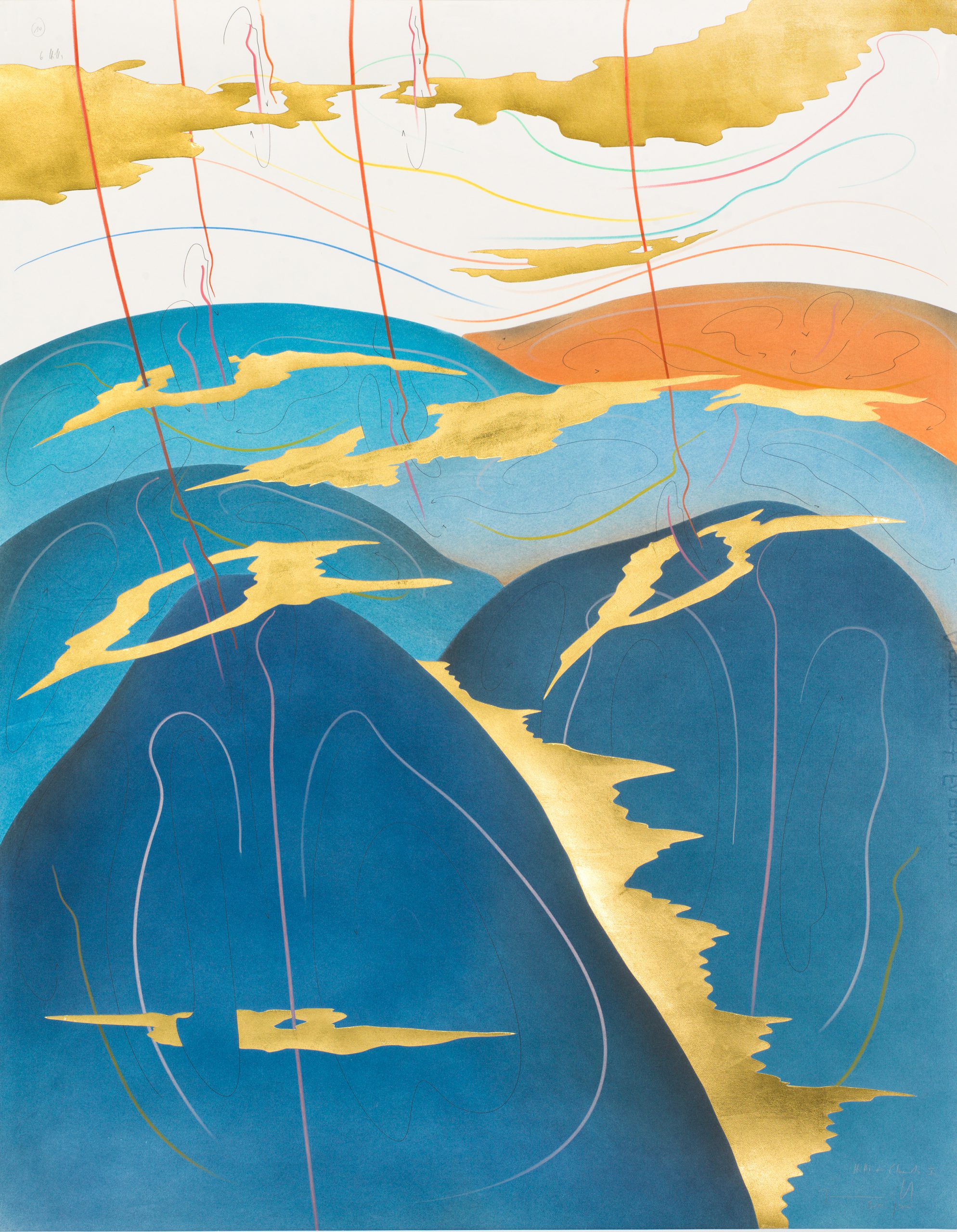 Hills+Clouds X Berlin 2017 88 x 69 cm Tinte, Blattgold, Pastell, Ölkreide, Graphit auf Papier, Unikat, Signiert Ink, gold leaf, pastels, oil chalks, graphite on paper, unique work, signed WV 2017-181