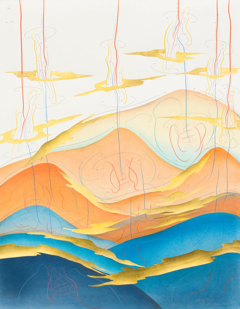 Hills+Clouds XI Berlin 2017 88 x 69 cm Tinte, Blattgold, Pastell, Ölkreide, Graphit auf Papier, Unikat, Signiert Ink, gold leaf, pastels, oil chalks, graphite on paper, unique work, signed WV 2017-182