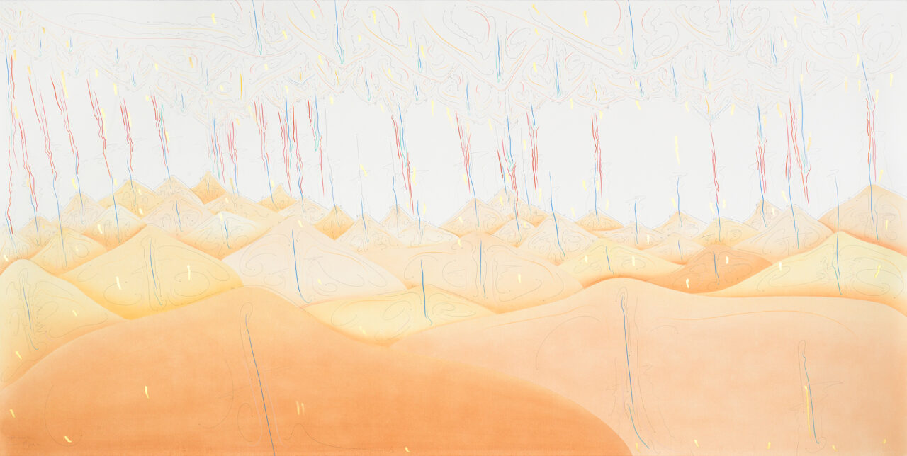 40 Hills (Vertical Turn) Berlin 2017 140 x 280 cm Tinte, Blattgold, Pastell, Ölkreide, Bleistift auf Papier, Unikat, Signiert Ink, gold leaf, pastels, oil chalks, pencil on paper, unique work, signed WV 2017-183