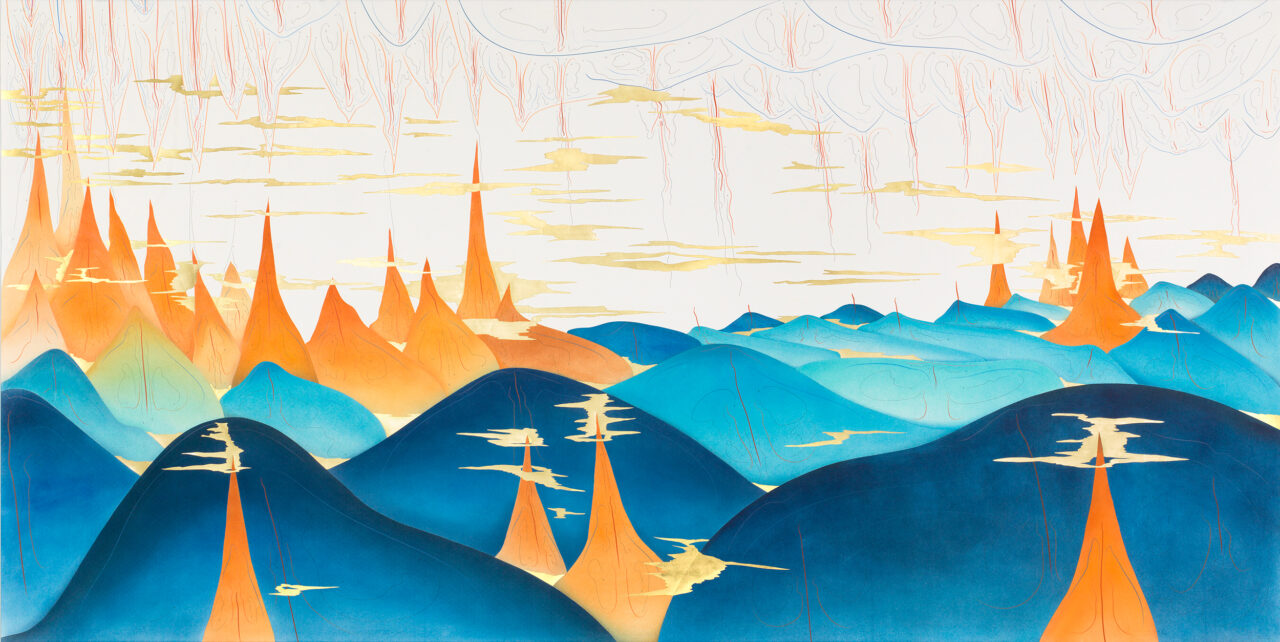 45 Hills Berlin 2017 140 x 280 cm Tinte, Blattgold, Pastell, Ölkreide, Bleistift auf Papier, Unikat, Signiert Ink, gold leaf, pastels, oil chalks, pencil on paper, unique work, signed WV 2017-184