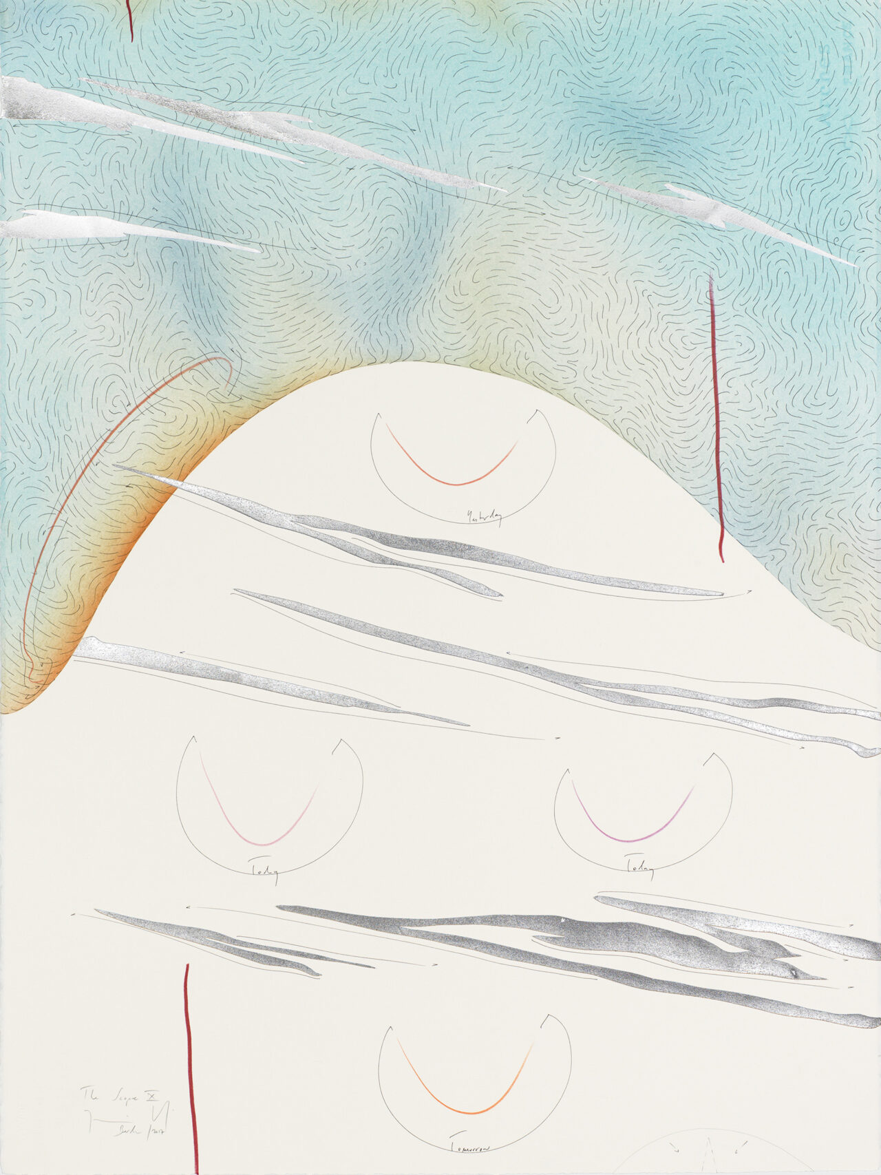 The Scope X Streaming area with hills, smiles between yesterday and tomorrow, clouds and beats Berlin 2017 Einzelblatt 76,5 x 56,5 cm Single sheet 76,5 x 56,5 cm Gesamtinstallation nur Kunst 153 x 282,5 cm Entire installation art only 153 x 282,5 cm Tinte, Blattaluminium, Pastell, Ölkreide, Bleistift auf Papier, Unikat, Signiert Ink, aluminium leaf, pastels, oil chalks, pencil on paper, unique work, signed WV 2017-194