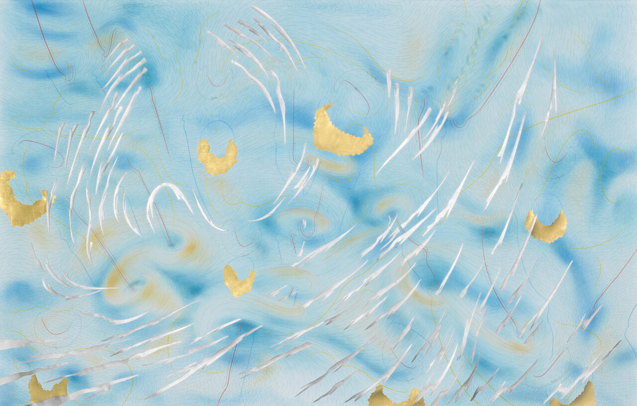 The Scope Berlin 2017 140 x 220 cm Tinte, Blattgold, Blattaluminium, Pastell, Ölkreide, Bleistift auf Papier Unikat Signiert Ink, gold leaf, aluminium leaf, pastels, oil chalks, pencil on paper Unique work Signed WV 2017-195