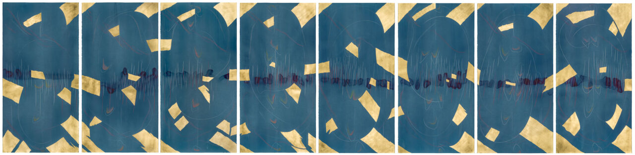 WV 2019-0041 bis 048 Immersive Integral Turn I bis VIII Jorinde Voigt Berlin 2019 eight parts, each 278,6 x 140,5 cm overall size appr. 290 x 1240 cm, framed India ink, gold leaf, pastel, oil chalks, graphite on paper, Unique Signed