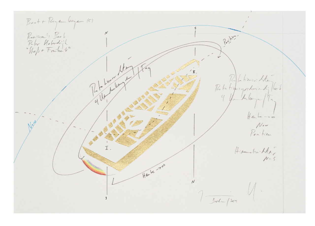 WV 2019-118 Boot + Regenbogen (5) Rousseau’s Boot Peter Sloterdijk „Streß + Freiheit“ Direction of Rotation Speed of Rotation 4 Rotations/Day Today ® ∞ Now Position Direction North-South Jorinde Voigt Berlin 2019 18 x 26 cm Ink, graphite, gold leaf, oil chalks on paper unique work signed